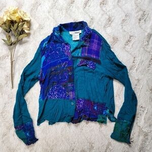 Vintage CM Shapes Turquoise Blue Green Patchwork Button Up Blouse Size 6